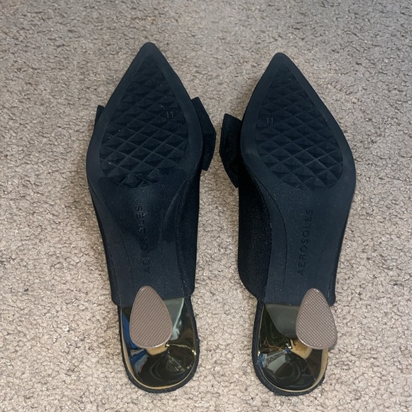 Aerosoles Juju Pointed Toe Mule Bow Gold Metallic Heel Black Fabric 11 - Picture 9 of 9